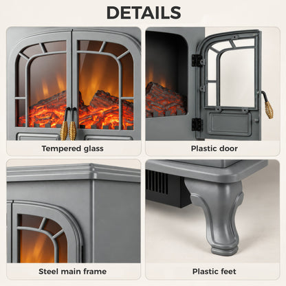 Electric Fireplace Stove | Grey Freestanding 2000W Heater with LED Flame Effect, Energy Rating C