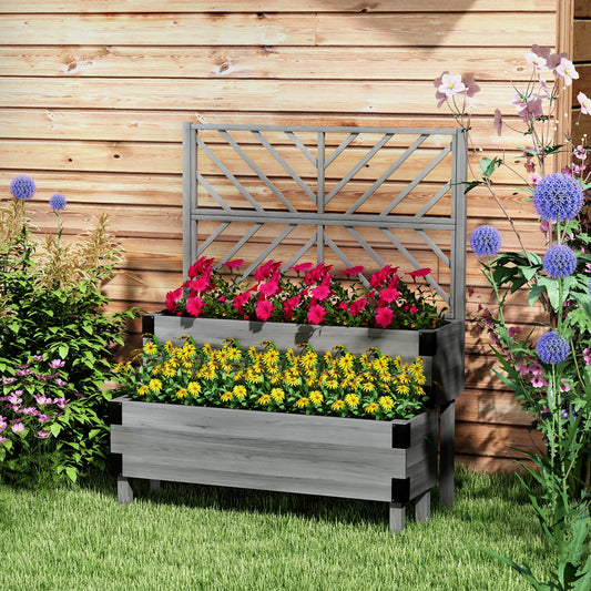 2-Tier Elevated Wooden Raised Garden Bed with Trellis | 2 Planter Boxes | Non-Woven Liner | Drainage Holes | Metal Corner Brackets | 40kg | 108x62.5x140cm | Veg Flowers & Herbs | Grey