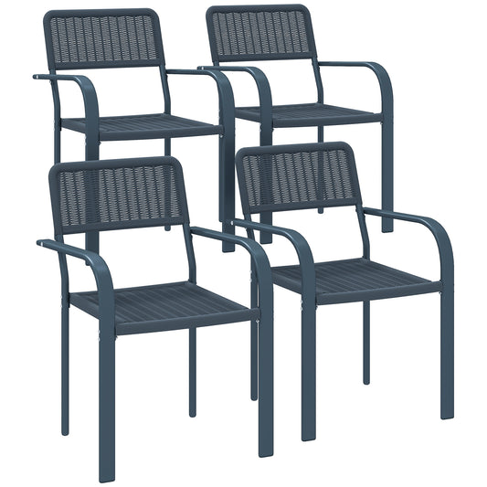 Garden Chairs Set of 4, Stackable Rattan Effect Dining Chairs with Armrest, Weather Resistant and Lightweight for Patio, Balcony, Terrace, Dark Grey