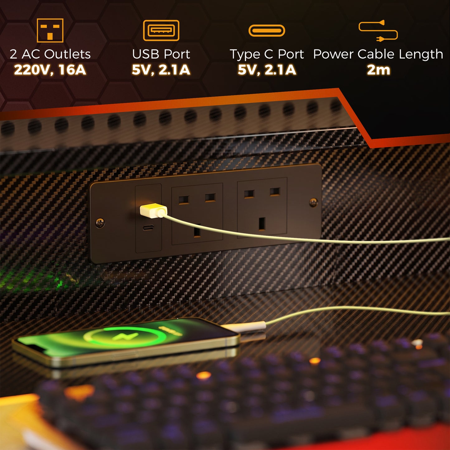 RGB LED Gaming Desk | 16 Colours & 4 Modes | 2 Power Outlets | USB & USB-C | 15cm Monitor Shelf | Z-Frame | 80kg | 100x60x88.5cm | Black