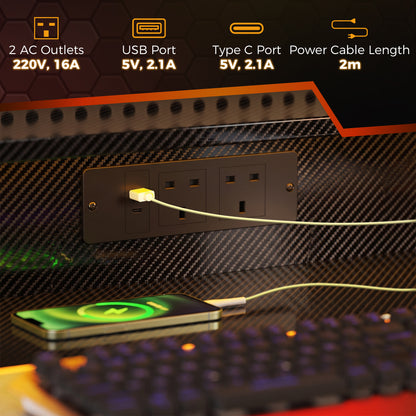 RGB LED Gaming Desk | 16 Colours & 4 Modes | 2 Power Outlets | USB & USB-C | 15cm Monitor Shelf | Z-Frame | 80kg | 100x60x88.5cm | Black