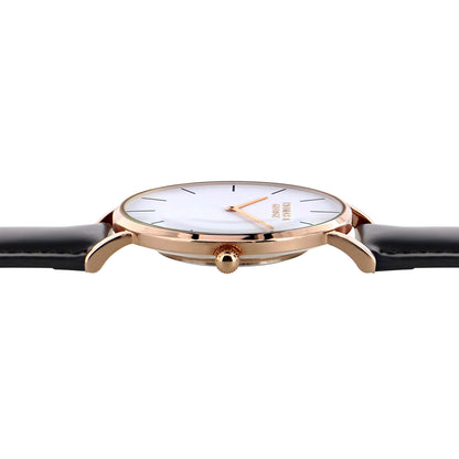 Thomas & George Bakersfield Black Watch | 40mm Gold-Tone Case, White Dial & Black Leather Strap | Slim 6mm Japanese Quartz | Optional Luxury Box