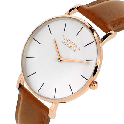 Thomas & George Bakersfield Brown Watch | 40mm Slim Gold-Tone Case & White Dial | Japanese Quartz Movement | Brown Leather Strap