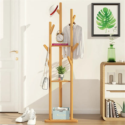 Bamboo Coat Rack Tree Clothes Hanger Storage Organiser 9 Hooks 3-Layer Shelf Stand Hallway Living Room Furniture For Hat, Scarves, Handbags, Umbrella