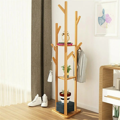Bamboo Coat Rack Tree Clothes Hanger Storage Organiser 9 Hooks 3-Layer Shelf Stand Hallway Living Room Furniture For Hat, Scarves, Handbags, Umbrella