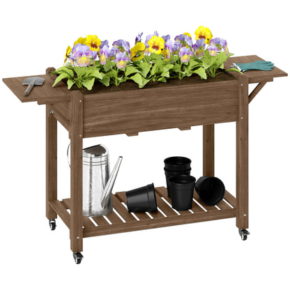 Outsunny Raised Garden Bed, Wooden Elevated Planter Box with Lockable Wheels, Side Tables and Bottom Shelf, Outdoor Planter with Liner and Drainage Holes for Vegetables, Flowers, Fruits