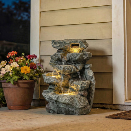 Compact 6-Tier Rock Design Garden Fountain | LED Lights | Adjustable Pump | Grey | 36.5cm