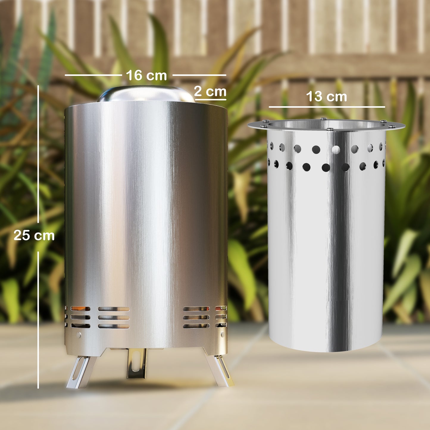 Outsunny Smokeless Fire Pit, 16 x 16 cm Stainless Steel Portable Wood Burning Firepit with Poker for Garden Camping Bonfire Party, Silver Tone