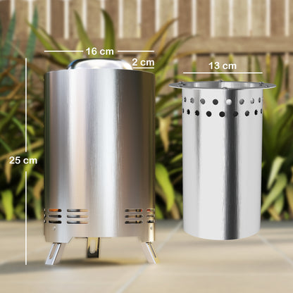 Outsunny Smokeless Fire Pit, 16 x 16 cm Stainless Steel Portable Wood Burning Firepit with Poker for Garden Camping Bonfire Party, Silver Tone