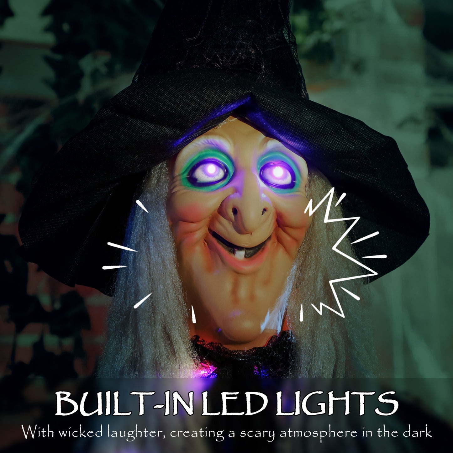 183 cm Life Size Halloween Animated Hanging Witch with Glowing LED Eyes & Body, Spooky Witch Scary Halloween Decorations, Battery Operated, Indoor Party Props
