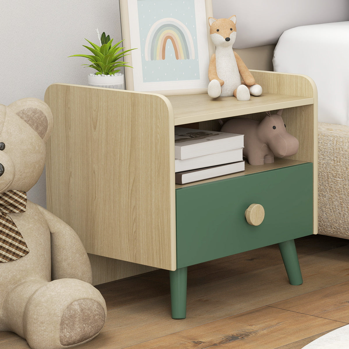 Kids Bedside Table with Drawer & Open Storage Shelf | Pine Legs | Wipe-Clean Melamine Surface | 40x32.5x40cm | Ages 3–10 | 5kg Capacity | MDF & Pine | Assembly Required | Green