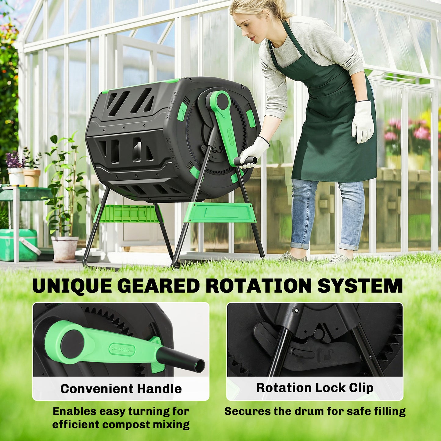 200L Dual Chamber Tumbling Compost Bin | 360° Rotation | 8 Adjustable Vents | BPA Free | Elevated Base | Green