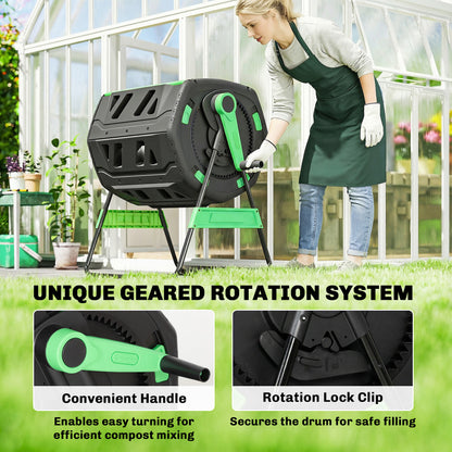 200L Dual Chamber Tumbling Compost Bin | 360° Rotation | 8 Adjustable Vents | BPA Free | Elevated Base | Green