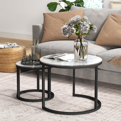 Glass Coffee Table Set of 2, Round Nest of Tables with Marble-Effect Tempered Glass Tabletop and Steel Frame, Side Tables for Living Room, White