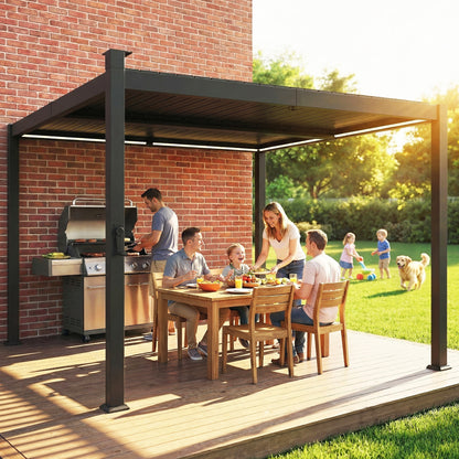 Outsunny 3 x 3 m Louvered Pergola with Solar LED lights, Metal Roof, Patio Gazebo Pergola Canopy with Drainage Gutters, Black