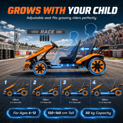 24V Electric Go Kart for Kids | Drift Mode In-Place Spin | 3 Speeds 8–12km/h | Slow Start Forward & Reverse | Adjustable Seat | Multicolour Lights Music Horn USB | 2-Point Belt | 50kg | 131.5x76.5x53.5cm | Ages 6–12 | Orange Blue Pink Black
