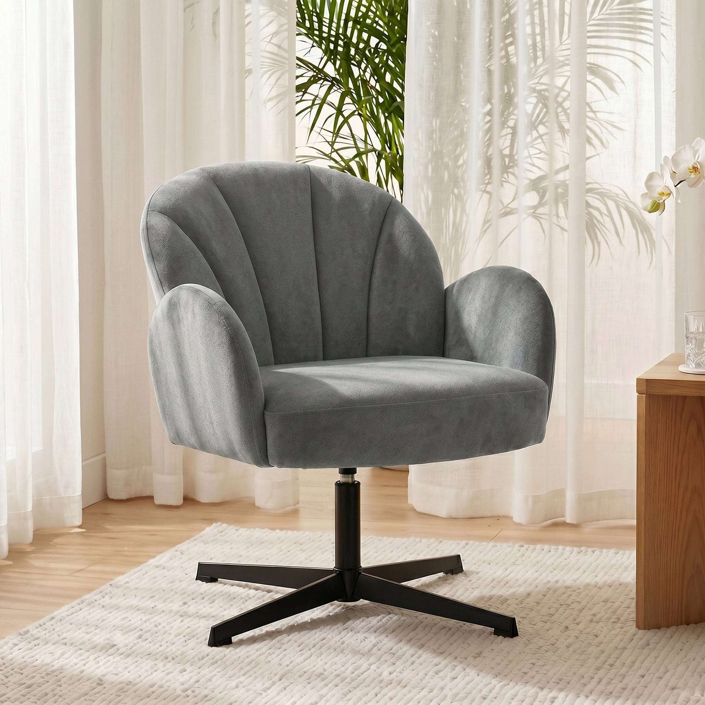 Shell-Shaped Swivel Accent Chair | 360° Swivel | 11cm Spring-Packed Seat | Velvet-Feel Fabric | Metal Base | Plastic Floor Pads | 120kg | 64.5x68x80cm | Grey