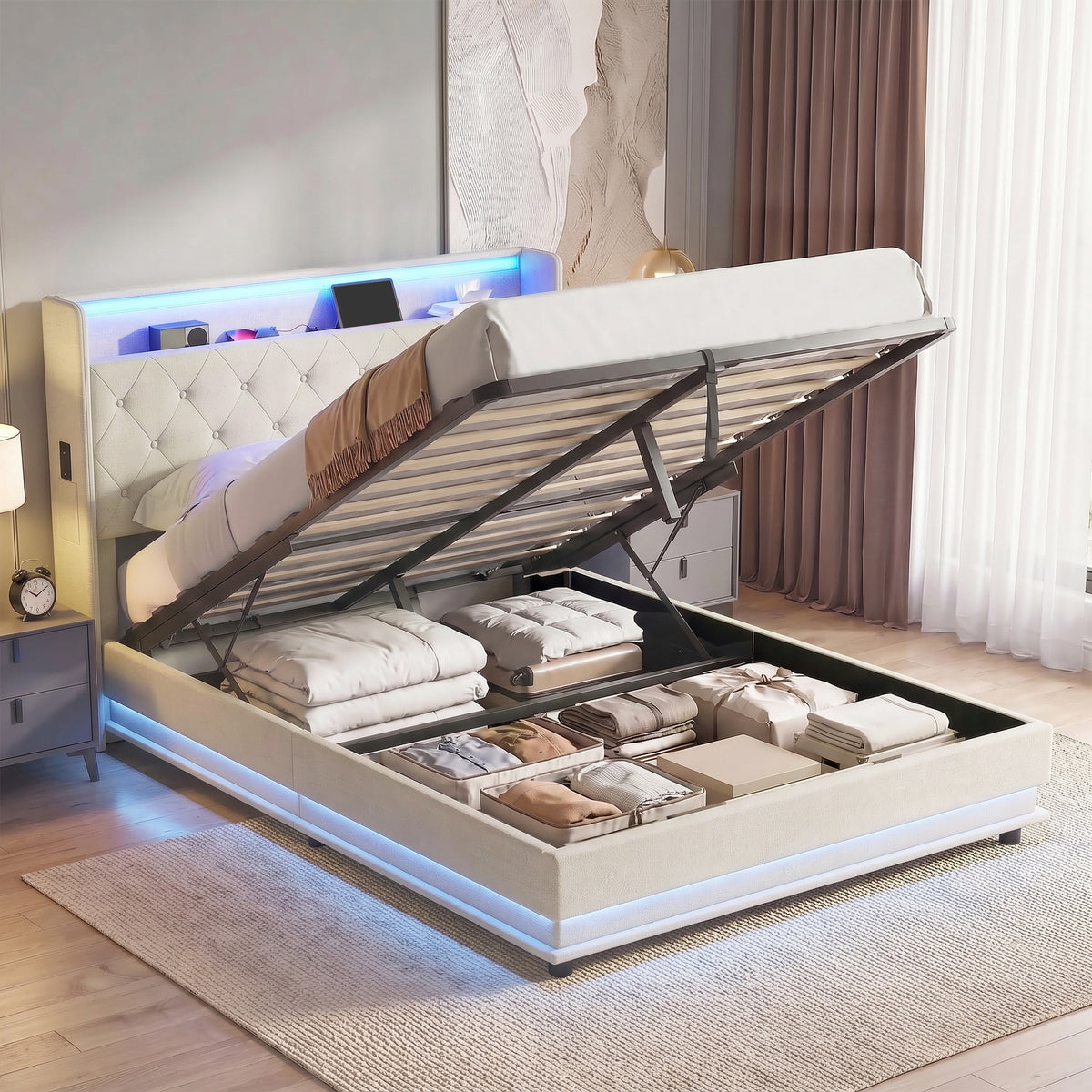 4ft6 Double Ottoman Bed Frame | Hydraulic Storage, RGB LED Headboard Lights & USB Charging | Cream White or Black