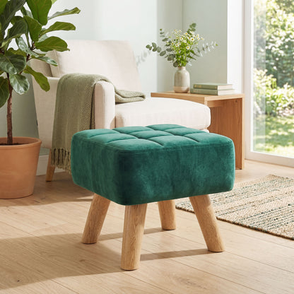 Square Padded Footstool Ottoman Pouffe | Tufted Velvet | Dark Green