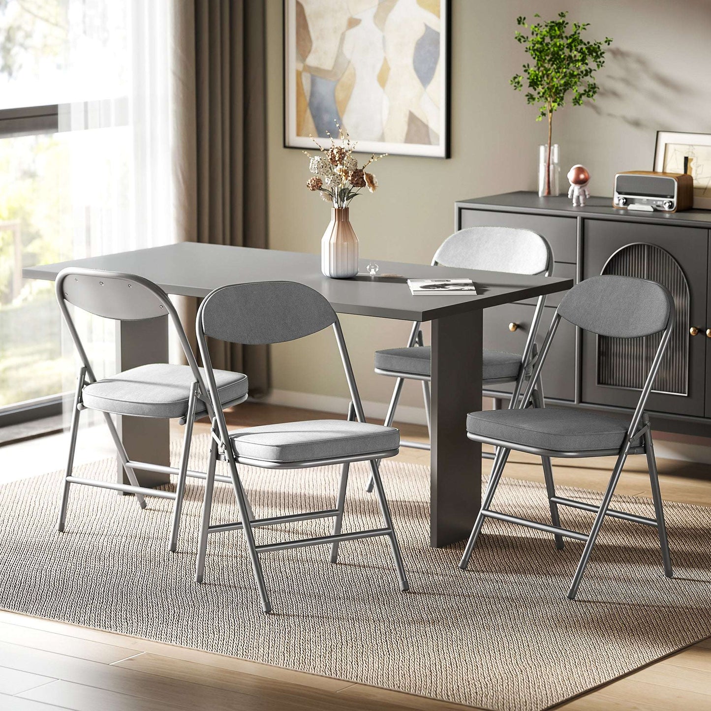 Set of 4 Folding Corduroy Chairs | High Back | Padded Seat & Back | Steel Frame | 120kg | No Assembly | Grey