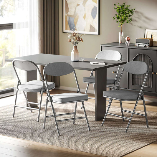 Set of 4 Folding Corduroy Chairs | High Back | Padded Seat & Back | Steel Frame | 120kg | No Assembly | Grey