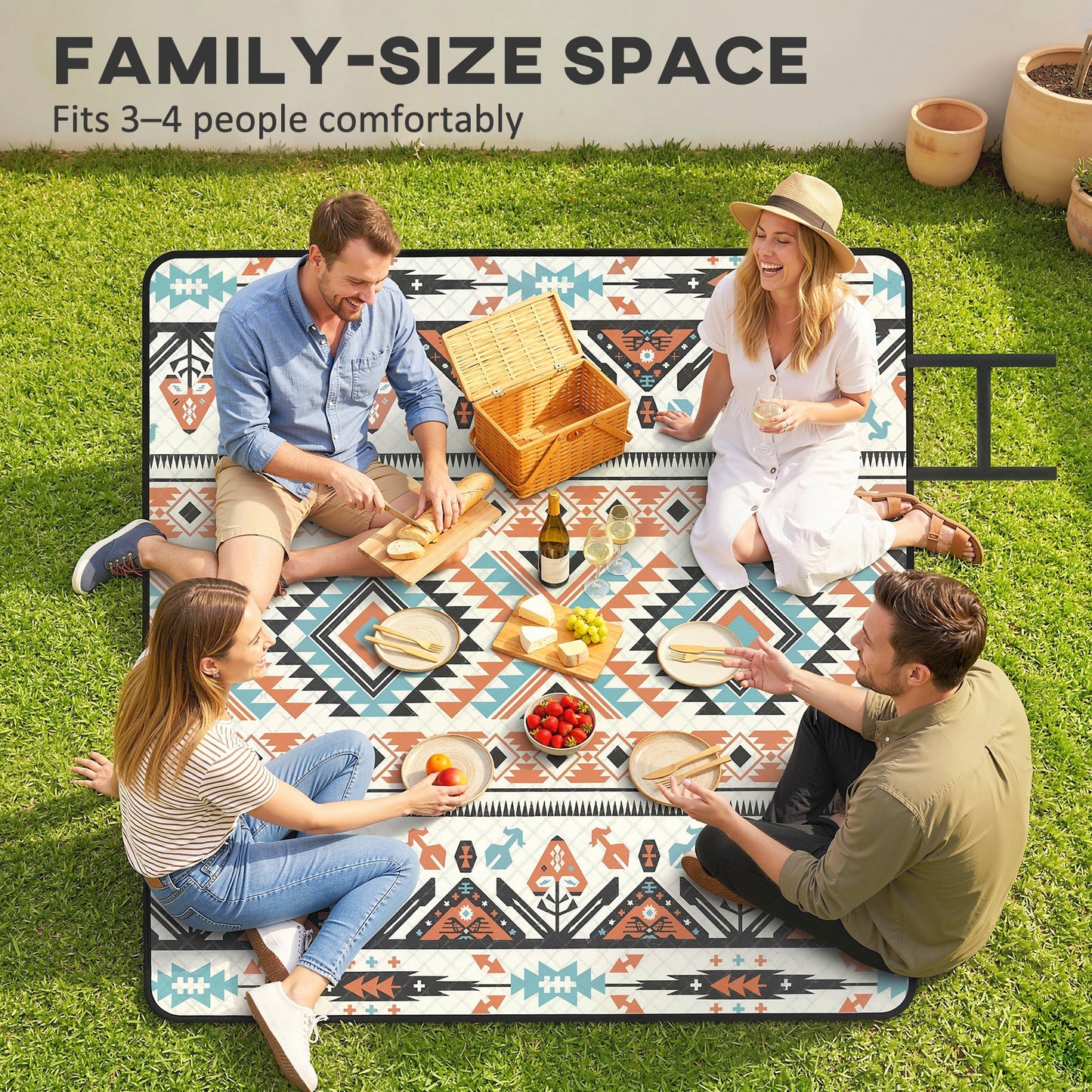 200x200cm Picnic Blanket & Beach Mat | Water-Repellent Oxford Base | 1cm Padding | Integrated Strap | 3-4 People | Mix-Colour