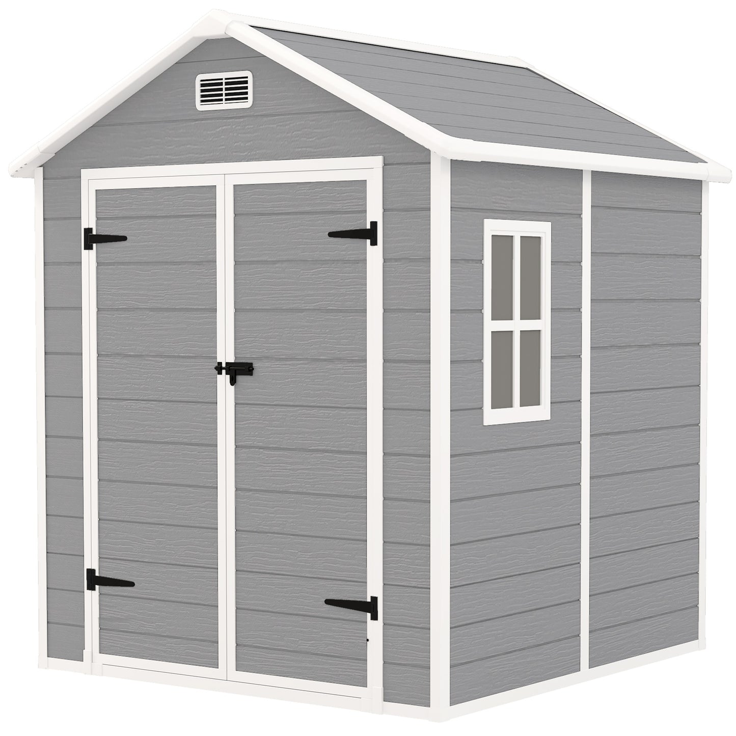 Outsunny 6 x 5ft Garden Shed, Plastic Shed with Floor, Window, Lockable Doors and Vents, Wood Effect Resin Tool Shed for Outdoor Patio, Dark Grey