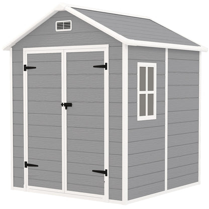 Outsunny 6 x 5ft Garden Shed, Plastic Shed with Floor, Window, Lockable Doors and Vents, Wood Effect Resin Tool Shed for Outdoor Patio, Dark Grey