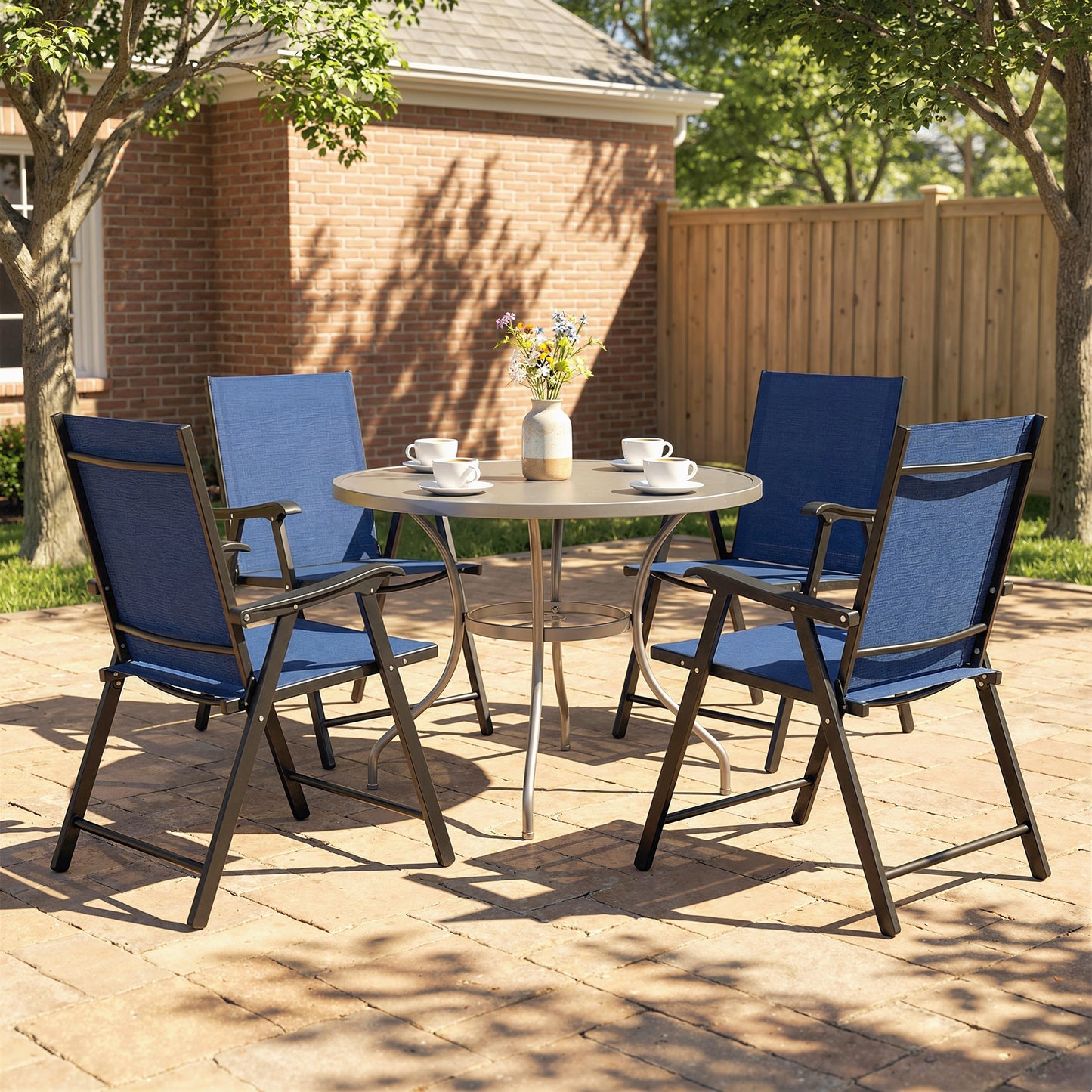 Set of 4 Folding Garden Dining Chairs | 60cm High Back | Curved Armrests | Texteline Fabric | 120kg | No Assembly | Navy Blue