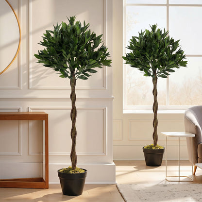 Set of 2 Artificial Bay Laurel Topiary Trees | 741 PE Leaves | Twisted Trunk | Bendable Branches | UV-Resistant | Weighted Cement Pots | Indoor & Outdoor | 16 x 120cm | Green