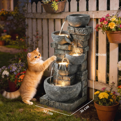 5-Tier Stacked Rock Resin Waterfall Fountain | 24 Warm LED Lights | Hand-Painted Natural Stone Finish | IP44 Adapter | 10W Pump | 230V | 3m Cable | 34x36x80cm | Garden & Patio | Mixed