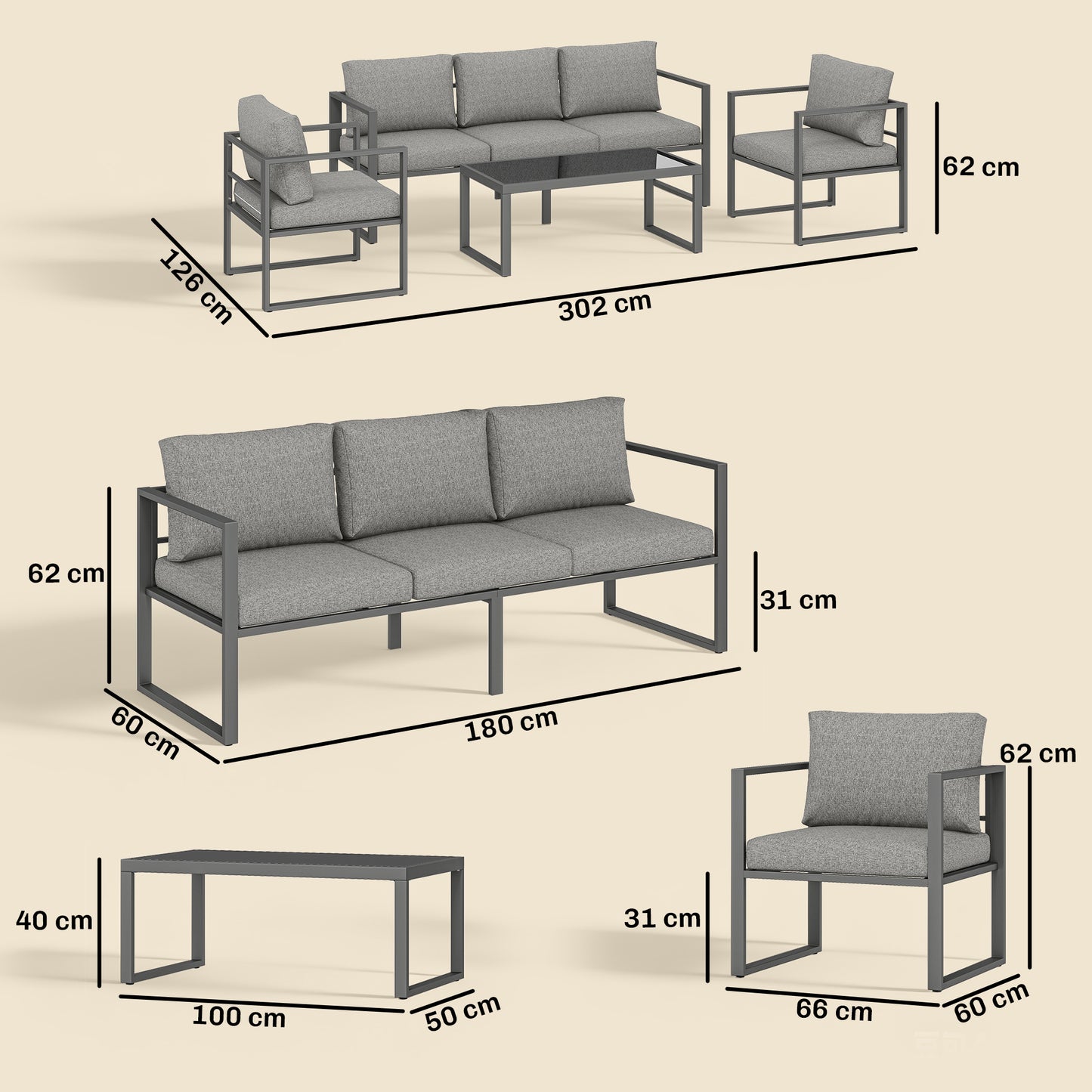 4-Piece Garden Sofa Set | 3-Seater Sofa | 2 Armchairs | Tempered Glass Coffee Table | Powder-Coated Aluminium Frame | 8cm Seat & 12cm Back Cushions | Anti-Slip Straps | Washable Zip Covers | 360kg Sofa Capacity | Dark Grey