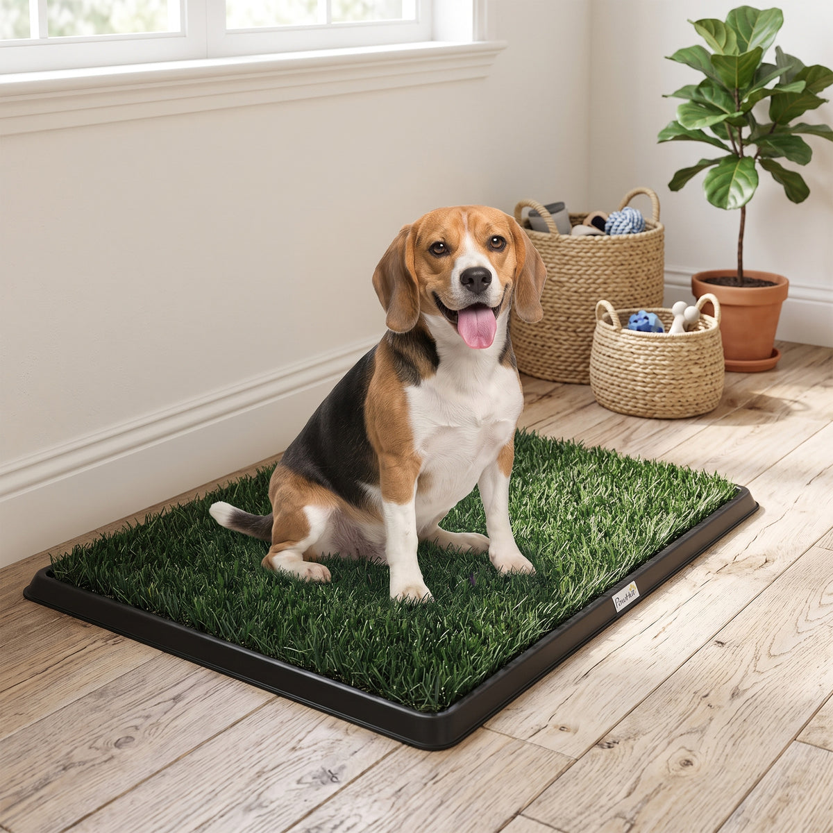 PawHut Dog Toilet Tray with 2 Artificial Grass Mats | Black & Green | PP PE | 76x50.5x3.5cm | 3-Layer Drainage System | Medium Dogs up to 50cm | Indoor Balcony Yard | No Assembly