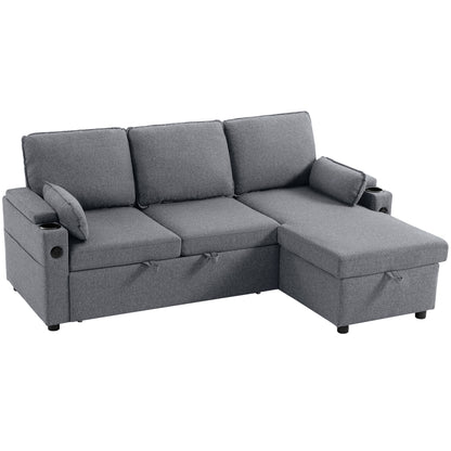 Corner Sofa Bed, L Shaped Sleeper Sectional Sofa with Reversible Storage Chaise, Blue / Grey