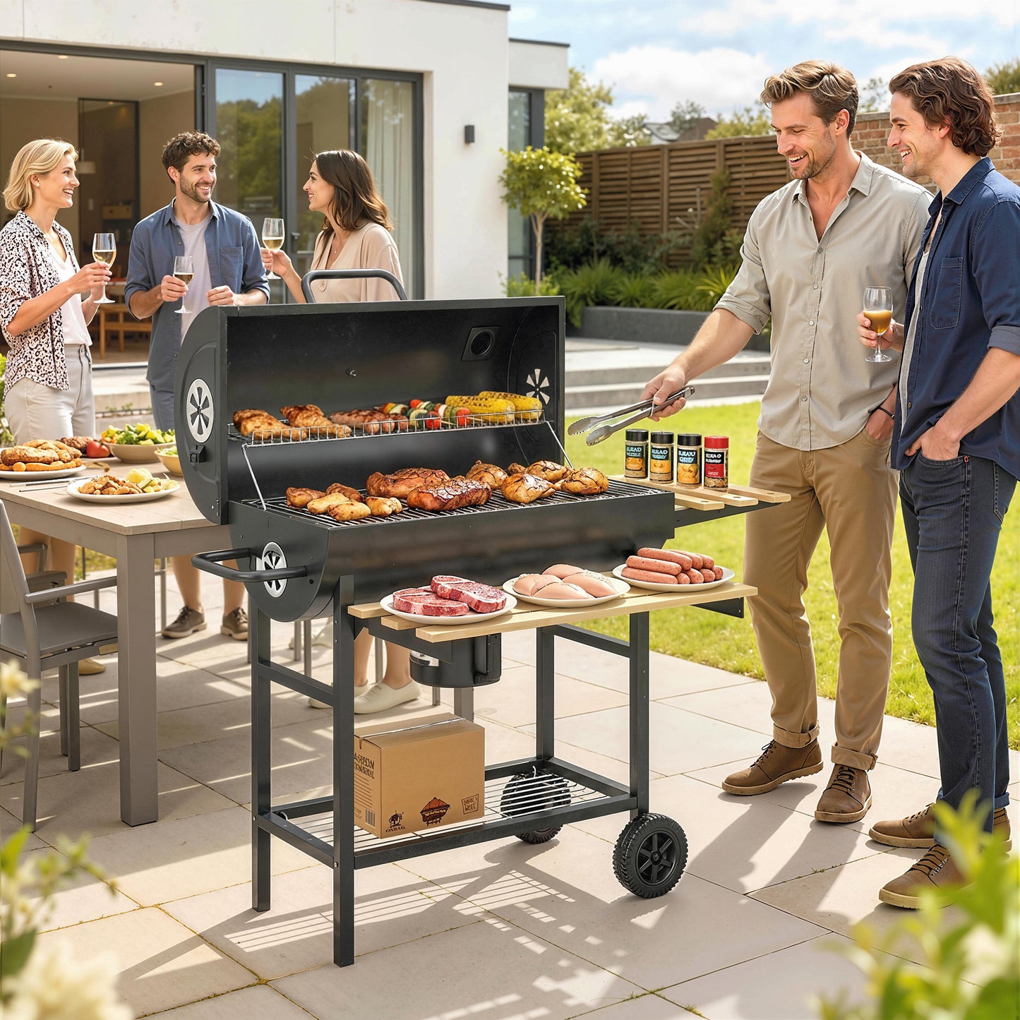 Barrel Charcoal BBQ Smoker | 2500cm² Grill | Warming Rack | Lid Thermometer | Foldable Shelves | Black