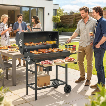 Barrel Charcoal BBQ Smoker | 2500cm² Grill | Warming Rack | Lid Thermometer | Foldable Shelves | Black
