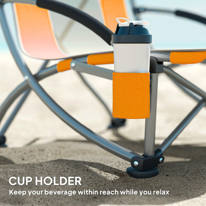 Set of 2 Folding Beach Chair, Low Camping Chair with Mesh Back, Carry Bag and Cup Holder for Garden Outdoor Picnic Festival Travel