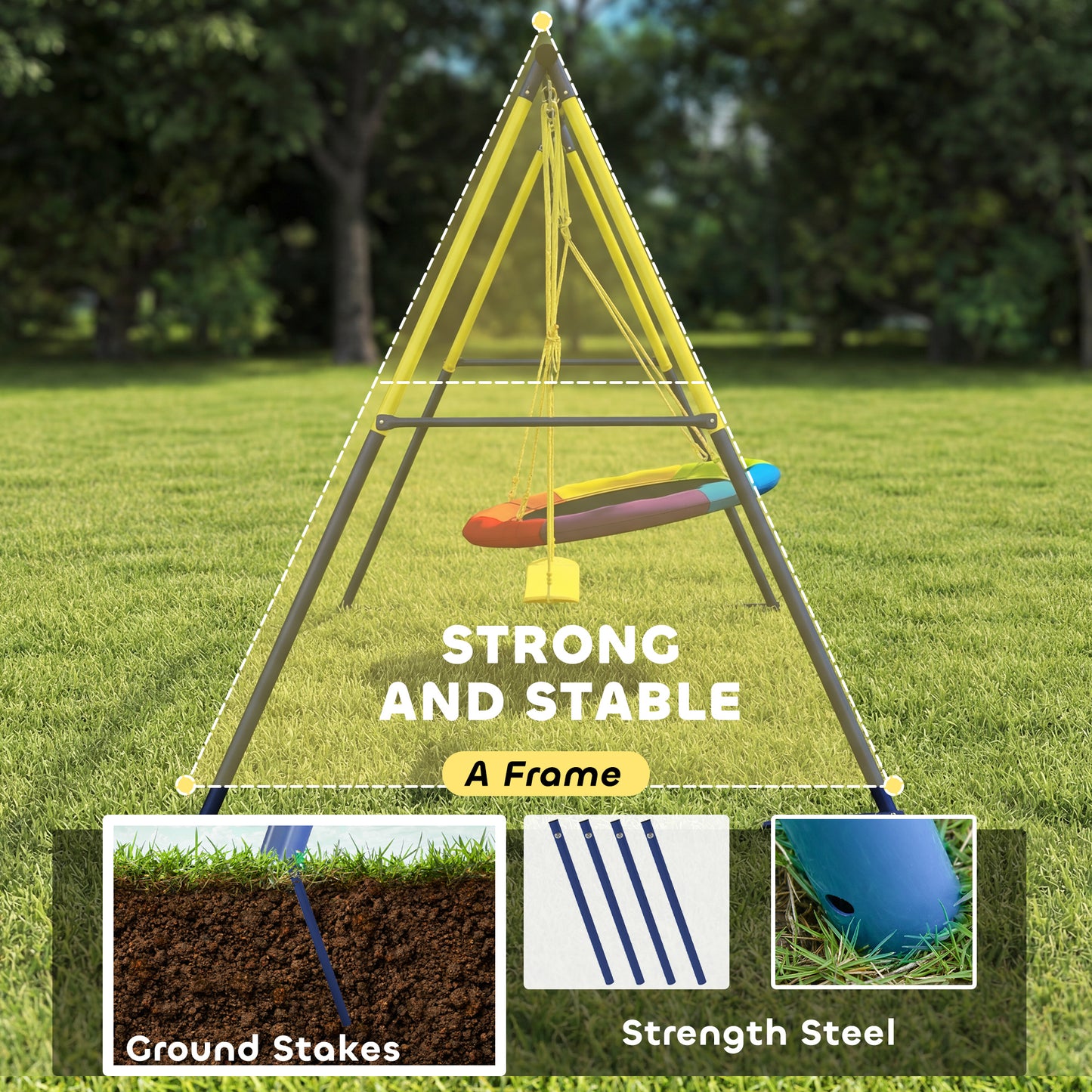 Kids Swing Set with Saucer Nest Swing & Belt Swing – 150kg Capacity, Adjustable Ropes, Steel A-Frame, Ground Stakes, EN71 Tested, Ages 3–8