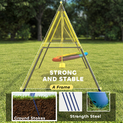 Kids Swing Set with Saucer Nest Swing & Belt Swing – 150kg Capacity, Adjustable Ropes, Steel A-Frame, Ground Stakes, EN71 Tested, Ages 3–8