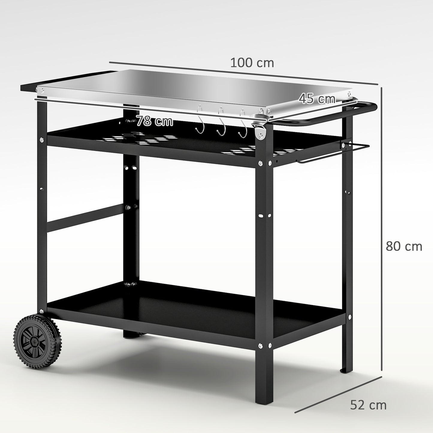 BBQ Trolley with Stainless Steel Top Adjustable Shelf, Outdoor Kitchen BBQ Station with Hooks Seasoning Tray Towel Rack, Pizza Oven Table