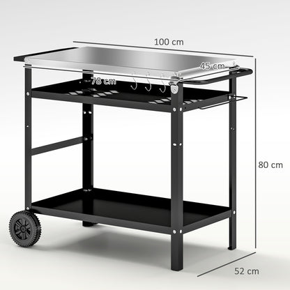 BBQ Trolley with Stainless Steel Top Adjustable Shelf, Outdoor Kitchen BBQ Station with Hooks Seasoning Tray Towel Rack, Pizza Oven Table