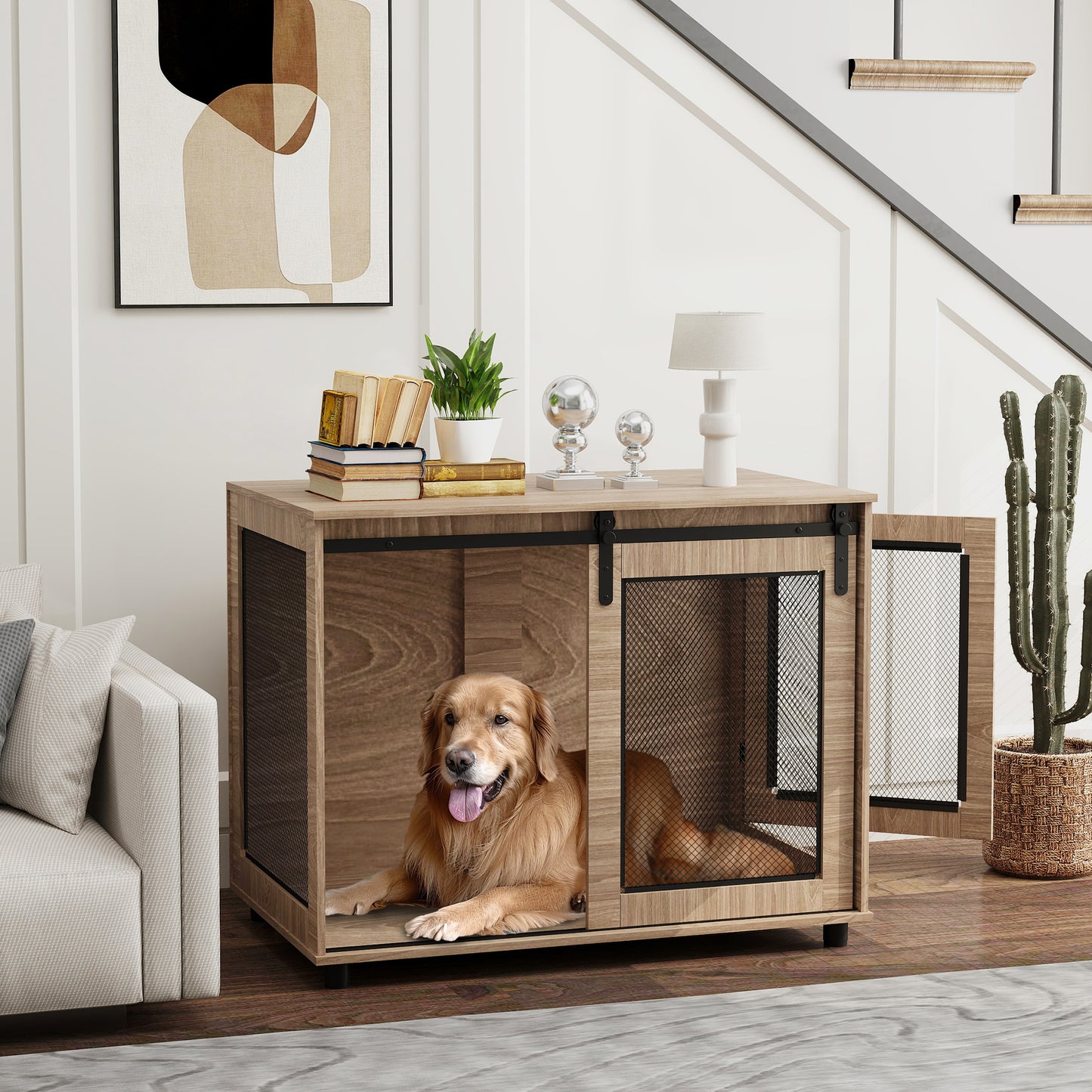 Dog Crate Furniture Side Table | Barn Door & Side Door | 3-Sided Ventilation | Large Dogs up to 30kg | 98 x 60 x 78cm | Walnut Brown