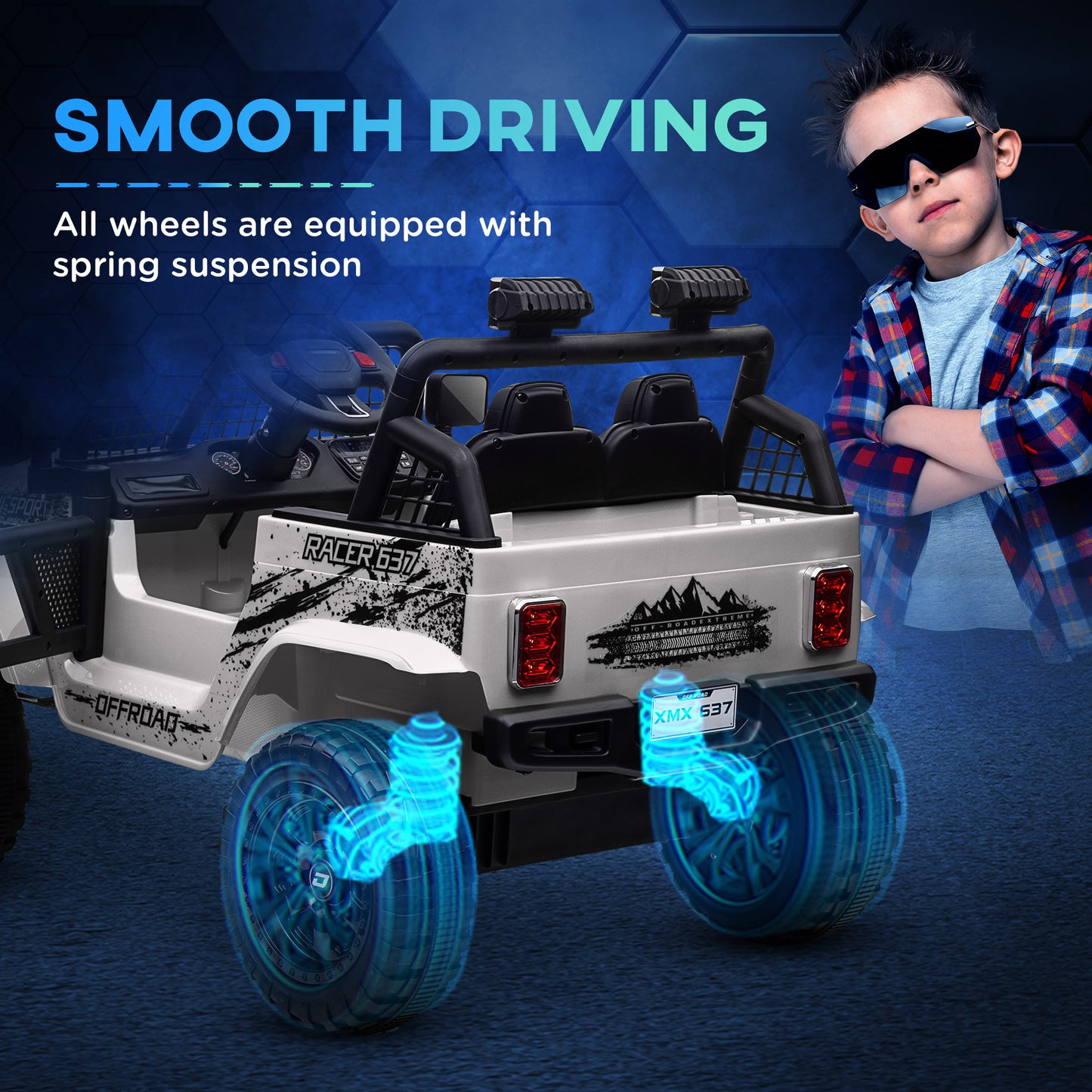12V Battery Powered Kids Ride On Car, Electric Truck w/ Spring Suspension, Remote, Music Horn Lights - White
