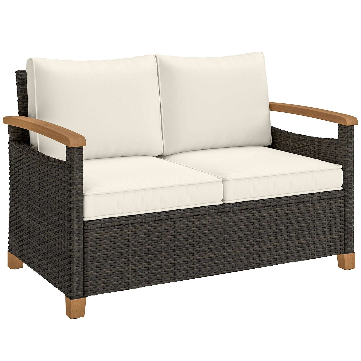 2 Seater Rattan Garden Sofa | Acacia Wood Armrests | Thick Cushions | Powder Coated Steel | Adjustable Feet | 124x74x79cm | 240kg | Brown