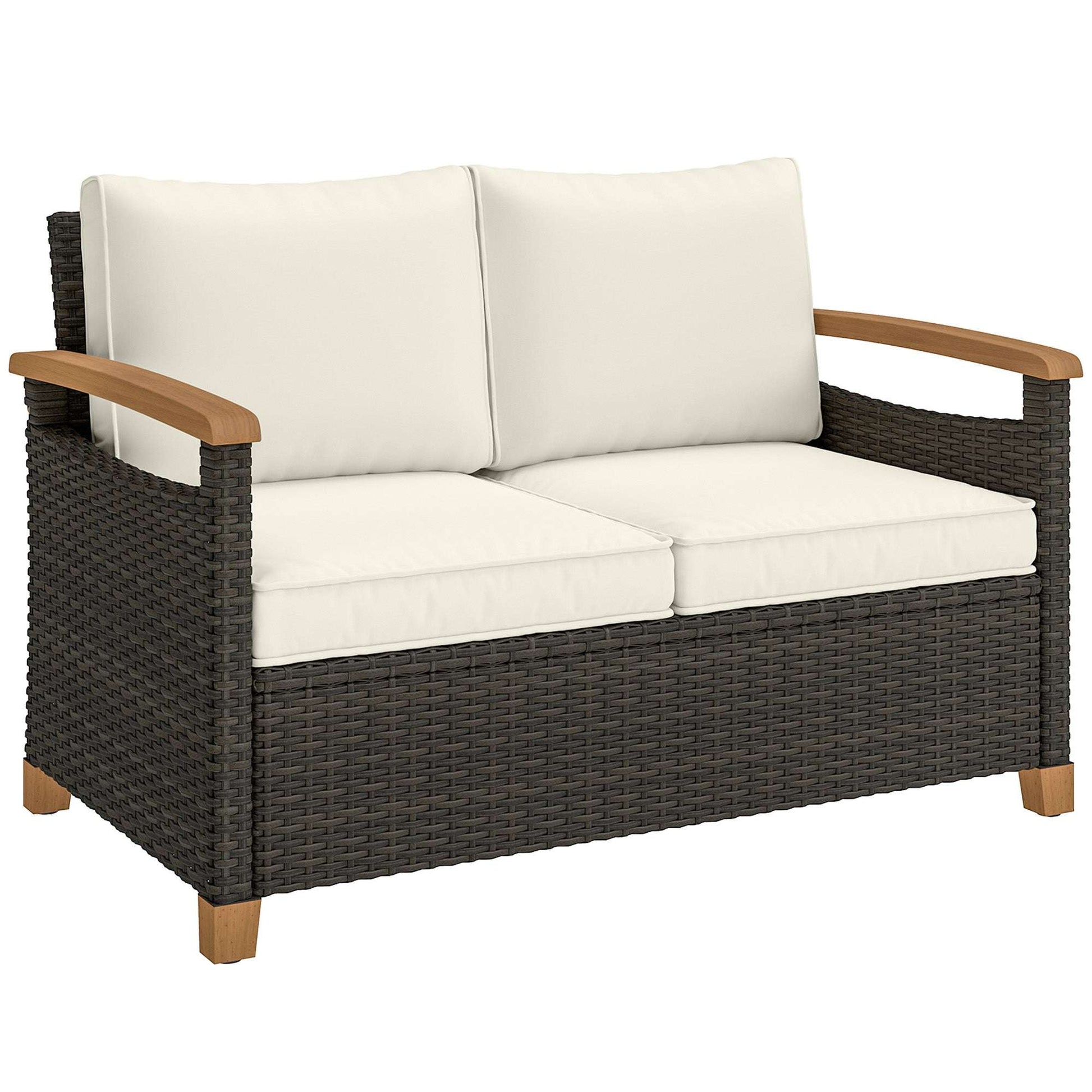 2 Seater Rattan Garden Sofa | Acacia Wood Armrests | Thick Cushions | Powder Coated Steel | Adjustable Feet | 124x74x79cm | 240kg | Brown