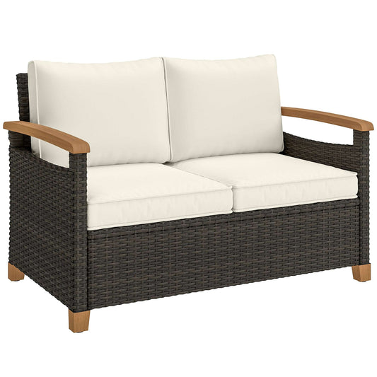 2 Seater Rattan Garden Sofa | Acacia Wood Armrests | Thick Cushions | Powder Coated Steel | Adjustable Feet | 124x74x79cm | 240kg | Brown