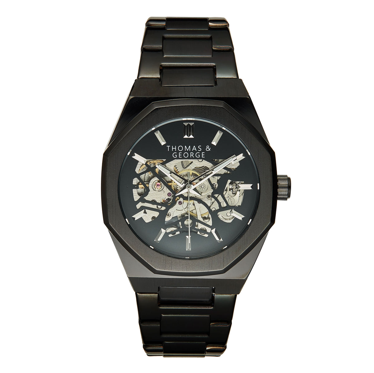Thomas & George London Black Edition Automatic Skeleton Watch | 41.3mm Octagonal Alloy Case | Black Stainless Steel Bracelet | Optional Luxury Box