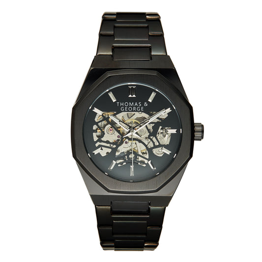 Thomas & George London Black Edition Automatic Skeleton Watch | 41.3mm Octagonal Alloy Case | Black Stainless Steel Bracelet | Optional Luxury Box