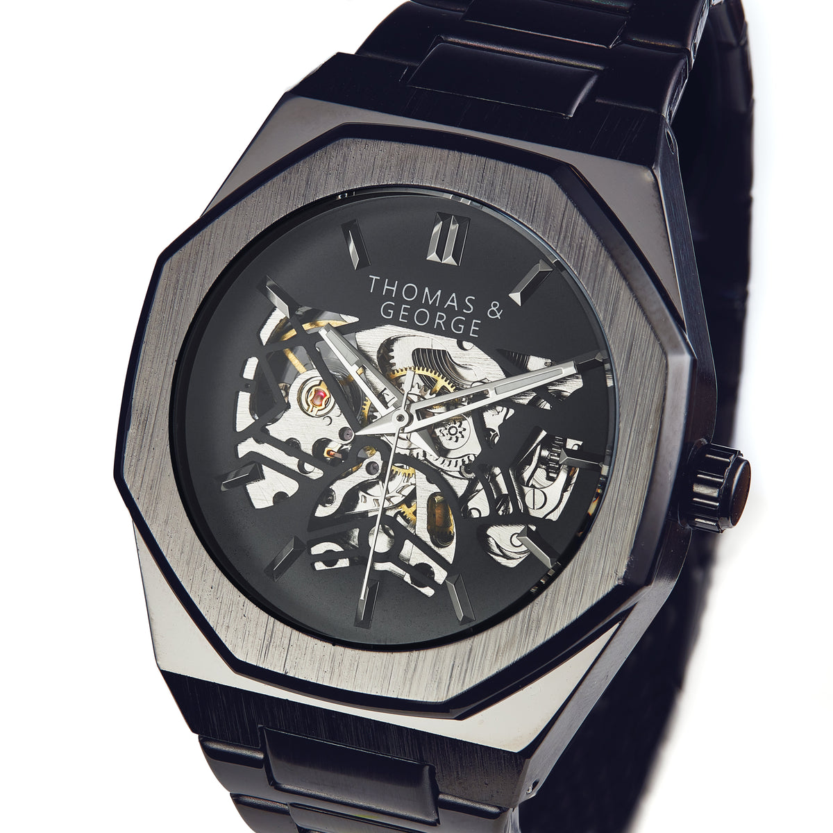 Thomas & George London Black Edition Automatic Skeleton Watch | 41.3mm Octagonal Alloy Case | Black Stainless Steel Bracelet | Optional Luxury Box