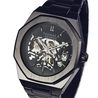 Thomas & George London Black Edition Automatic Skeleton Watch | 41.3mm Octagonal Alloy Case | Black Stainless Steel Bracelet | Optional Luxury Box